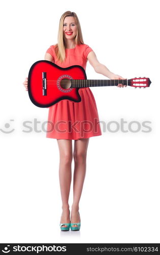 Female guitar player isolated on white