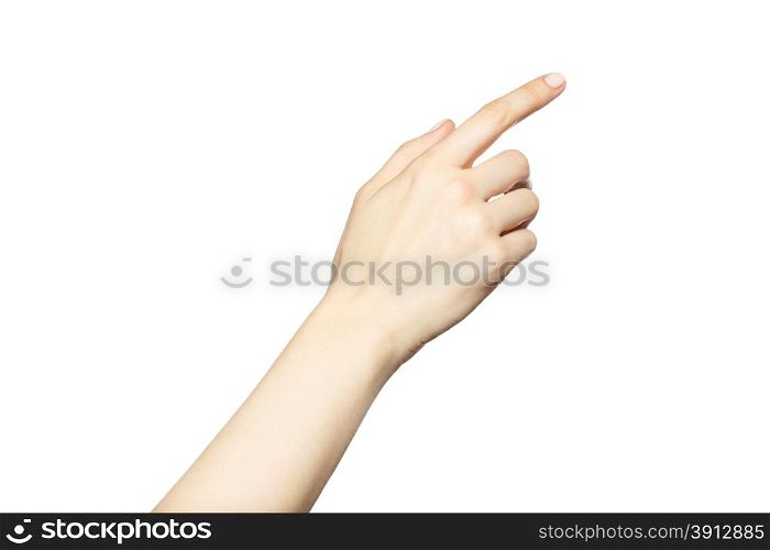 Female hand clicking, touching virtual screen isolated on white background.