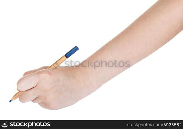 female hand draws by wood blue pencil isolated on white background