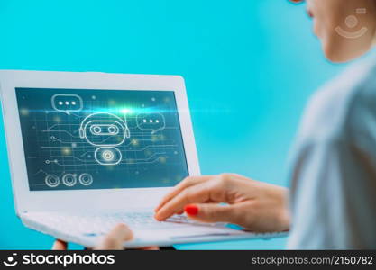 Female hand engaged in a chatting conversation with an automated digital chatbot. Image enhanced with graphic details. Female hand engaged in a chatting conversation with an automated digital chatbot.