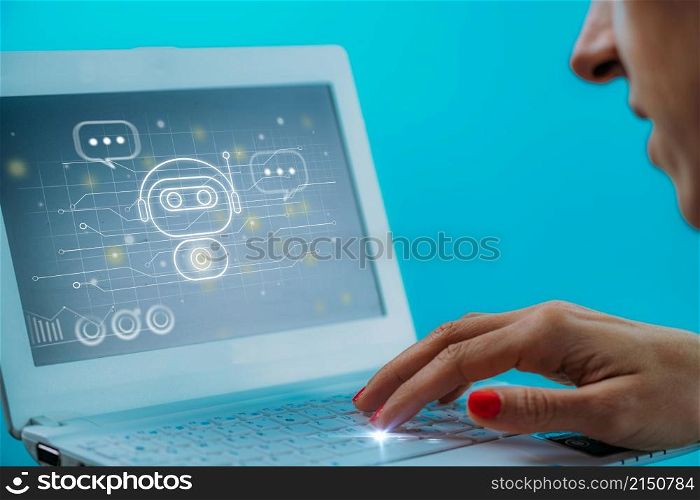 Female hand engaged in a chatting conversation with an automated digital chatbot. Image enhanced with graphic details. Female hand engaged in a chatting conversation with an automated digital chatbot.