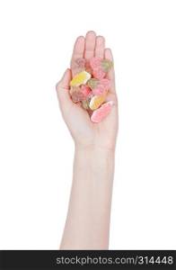 Female hand hold gummy color candies on white background