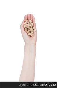 Female hand hold healthy bio pistachios nuts on white background