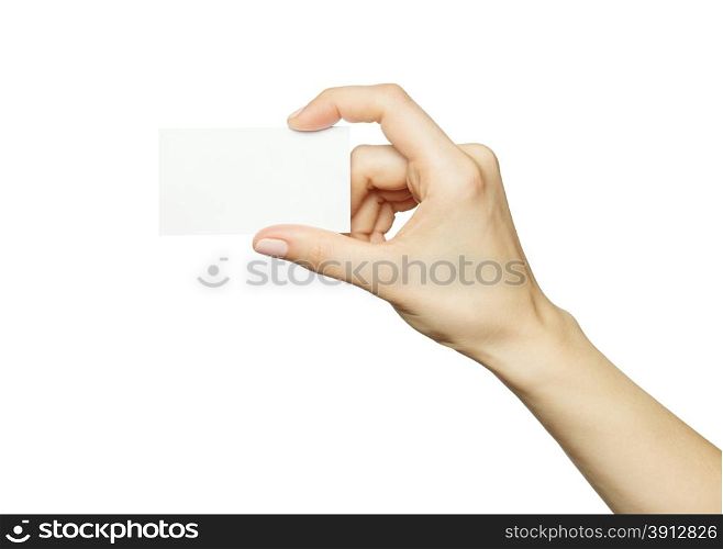 Female hand holding a blank business card, isolated on white
