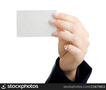 Female hand holding a blank notecard, isolated on white