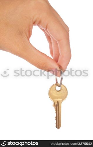 Female hand holding a key isolated over white background..