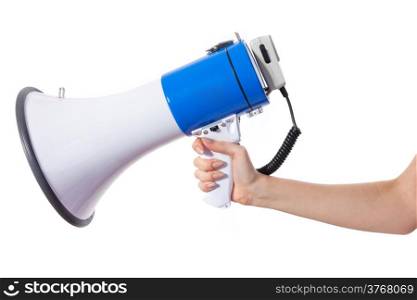 Female hand holding a megaphone. Isolated on a white background