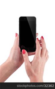 Female Hand holding and Touch on a Smartphone isolated on white background. With clipping path. Female Hand holding and Touch on a Smartphone isolated white