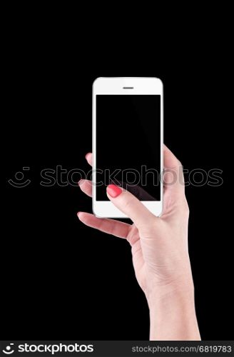 Female Hand holding and Touching a Smartphone isolated on black background. With clipping path. Female Hand holding and Touching a Smartphone