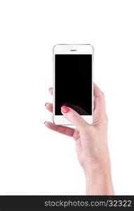 Female Hand holding and Touching a Smartphone isolated on white background.