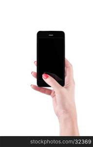 Female Hand holding and Touching a Smartphone isolated on white background.