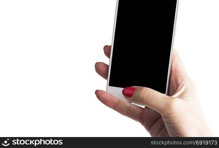 Female Hand holding and Touching a Smartphone isolated on white background