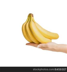 Female hand holding bunch of bananas , isolated on white background, front view.