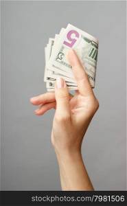 female hand holding money bills on a gray background. female hand holding money