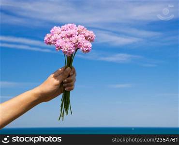 Female hand holding some wildflowers against a blue sky
