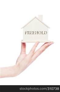 Female hand holding wooden house model with conceptual text. Freehold