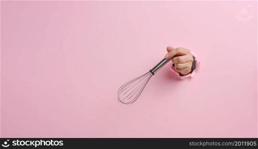female hand holds a metal whisk for beating products on a pink background. A part of the body sticks out of a torn hole, banner. copy space