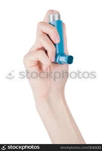 Female hand holds blue asthma inhaler for relief asthma attack on white background