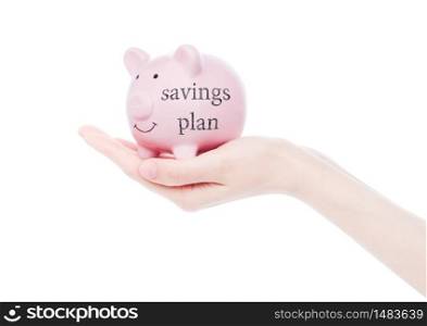 Female hand holds piggy bank with saving plan concept text