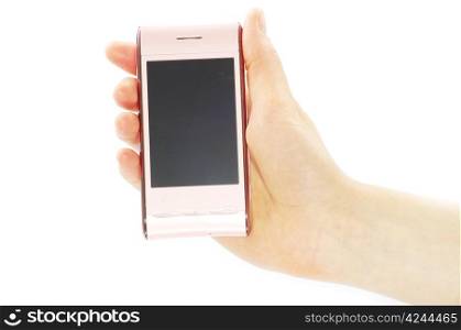 female hand is holding a modern touch screen phone