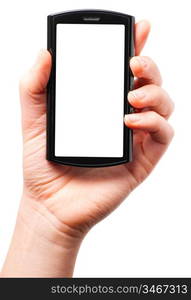 female hand is holding a modern touch screen phone. Screen is cut with clipping path