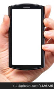 female hand is holding a modern touch screen phone. Screen is cut with clipping path