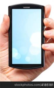 female hand is holding a modern touch screen phone. Screen is cut with clipping path