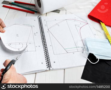 Female hand makes a pattern for an antiviral mask during isolation and outbreak of the virus. Concept of work or business at home, step by step instructions. Top view, materials and drawings