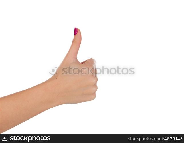 Female hand making ok sign with thumb up isolated over white
