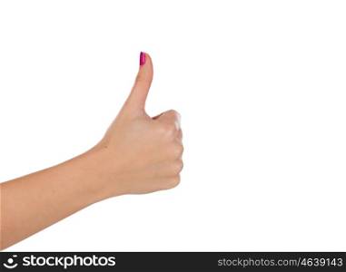 Female hand making ok sign with thumb up isolated over white