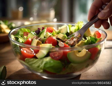 Female hand mixing fresh salad with vegetables and olive oil on kitchen background.AI Generative