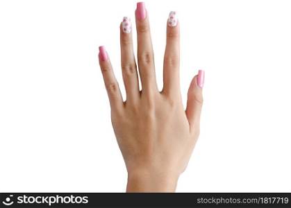 female hand painted beautiful pink nails on white background