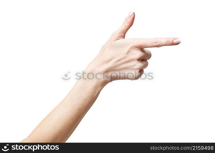 female hand poiting by finger isolated on white background with clipping path.. female hand poiting by finger isolated on white background with clipping path