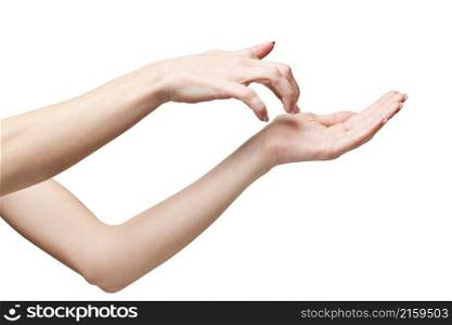 female hand poiting by finger isolated on white background with clipping path.. female hand poiting by finger isolated on white background with clipping path