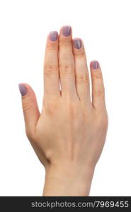 Female hand, purple manicure with rhinestones. Isolate on white.