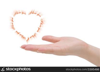 female hand stretched out with heart made of words red chain I love you