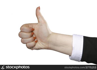 Female hand thumb up gesturing the all right symbol , ok sign gray background