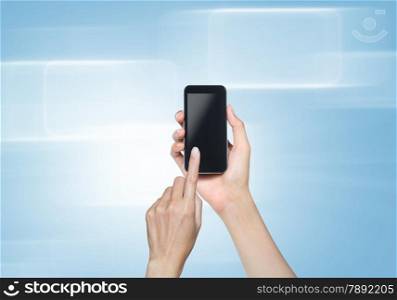 Female hand touch screen on tablet pc. with icons over blue-violet background.