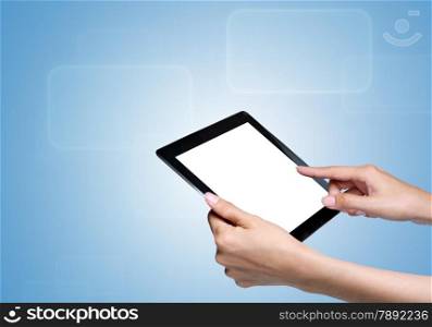 Female hand touch screen on tablet pc. with icons over blue-violet background.