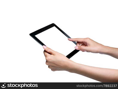 Female hand touch screen on tablet pc. with icons over blue-violet background.