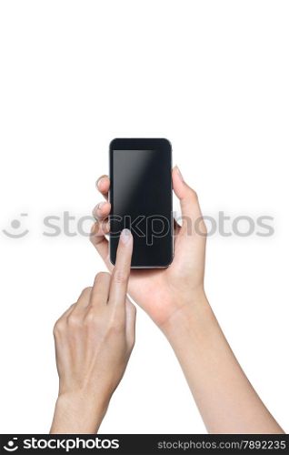 female hand touch screen smartphone with icons over blue background.