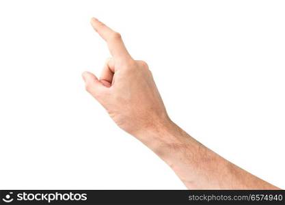 Female hand touching or pointing finger to something isolated on white background
