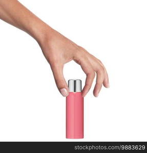 Female hand with a cosmetics bottle isolated on white background. Female hand with a cosmetics bottle