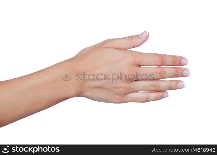 Female hand with beautiful nails extended to greet isolated on a white background