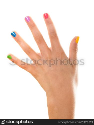 Female hand with colored nails isolated on white. Hand with colored nails