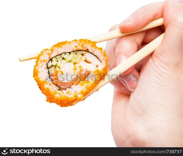 female hand with disposable chopsticks holds california ebi sushi roll close up isolated on white background