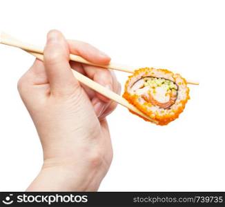 female hand with disposable chopsticks holds california ebi sushi roll isolated on white background