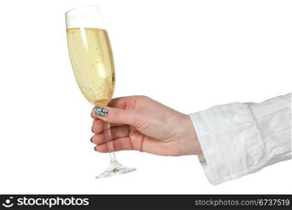 female hand with glass of champagne. isolated on white background