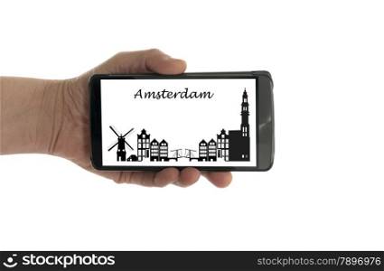 female hand with mobile phone isolated on white with amsterdami skyline