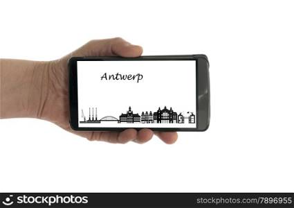 female hand with mobile phone isolated on white with antwerp skyline